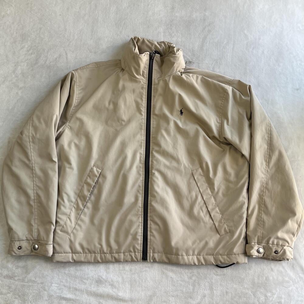 Polo Ralph Lauren Jacket Mens Large Beige Full Zip Hooded Insulated Bomber Coat
